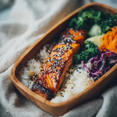 Teriyaki Salmon Bento Box for 4 Servings: Pan-Seared and Caramelized Recipe Card