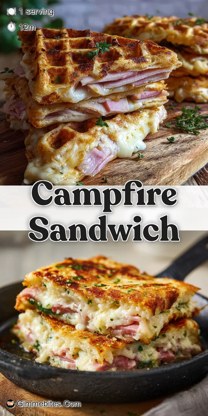 Close-up of a warm, crusty pie iron sandwich, showcasing the melted cheese and juicy ham filling with appealing grill marks.