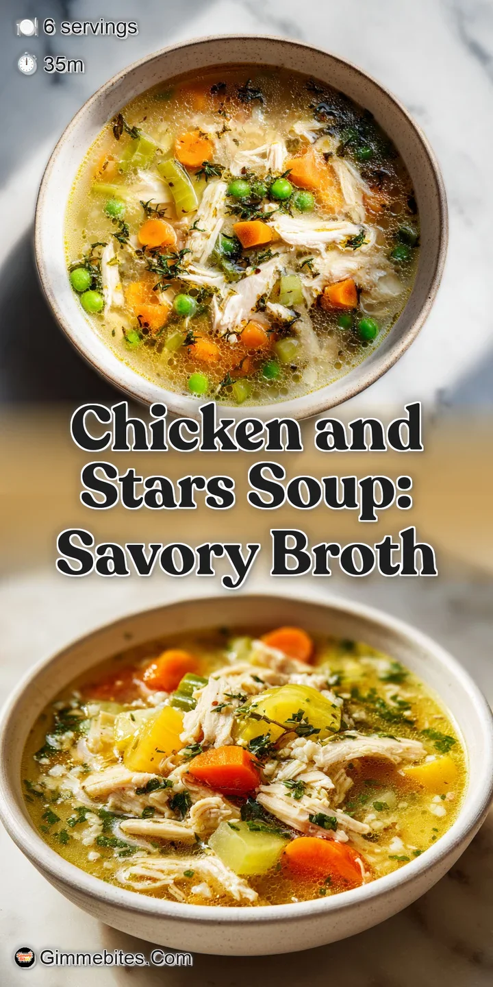Close-up of steamy chicken and star pasta soup, featuring tender chicken, colorful carrots, and glistening broth; appetizing!