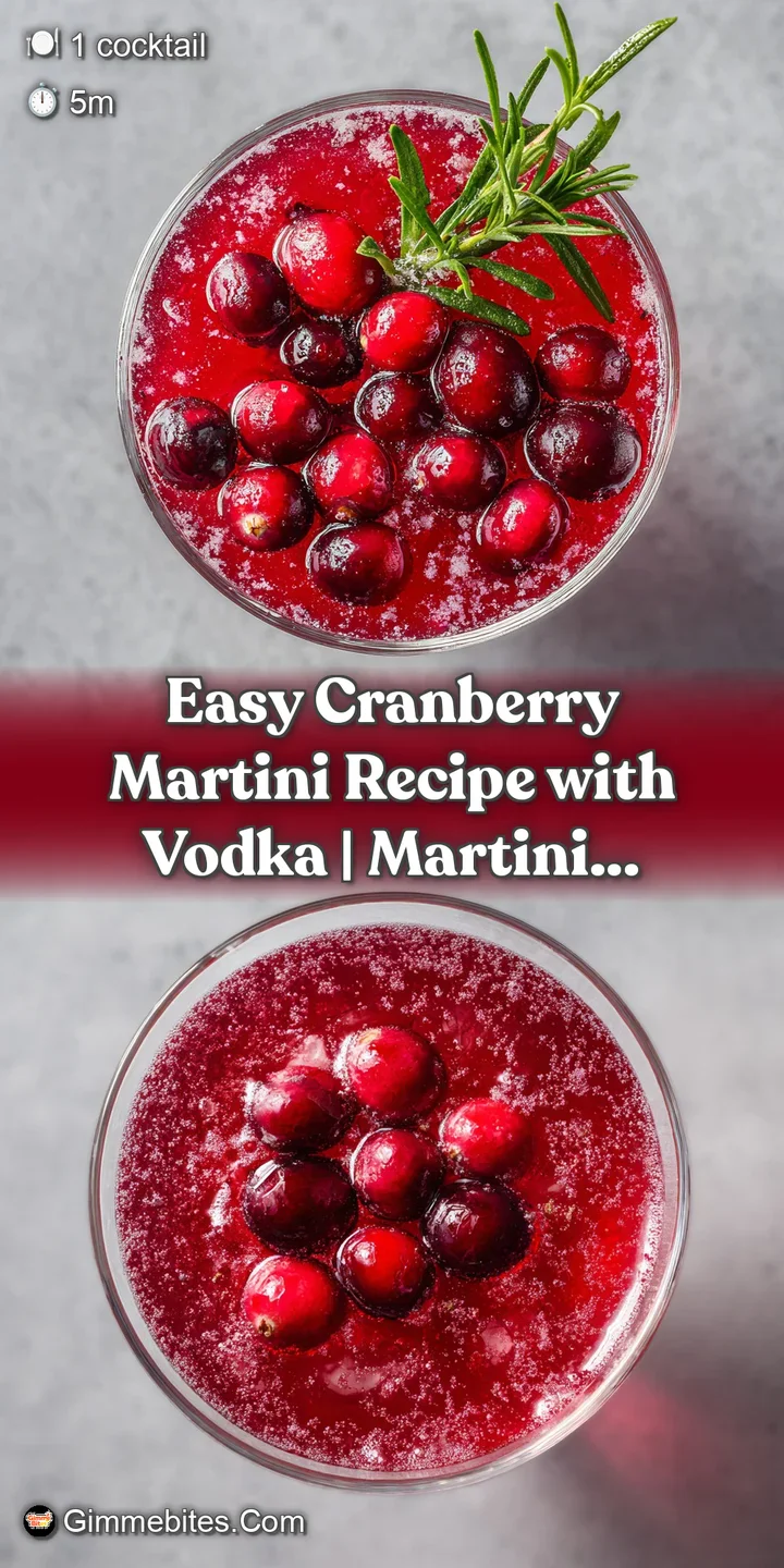 Close-up of a ruby-red cranberry martini with ice crystals, a sugared cranberry garnish, and a tantalizing, tart, and swee...