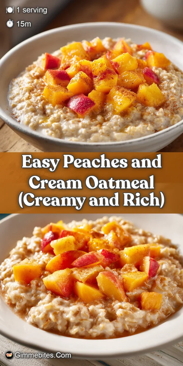 Close-up of a soft, sun-colored peach slice resting on thick, creamy oats with a glossy drip of white cream.