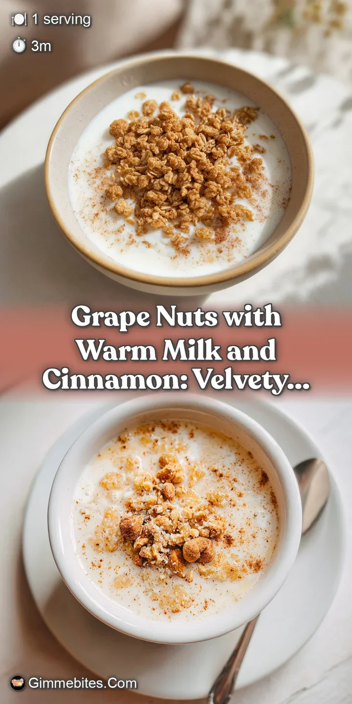 Close-up view of crunchy Grape Nuts softening in warm milk, cinnamon powder creating a swirling pattern. Comfort food in a...
