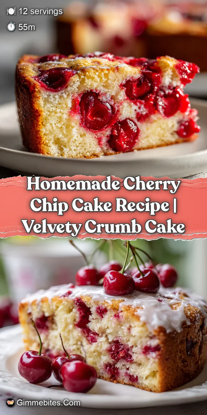 Close-up of cherry chip cake showing swirls of frosting, juicy red cherries, and soft vanilla cake. It looks sweet and inv...