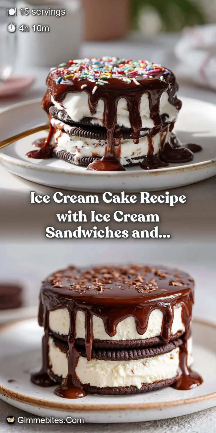 Close-up of ice cream cake, revealing fudgy swirls and softened ice cream sandwich edges, creating a tempting and decadent...