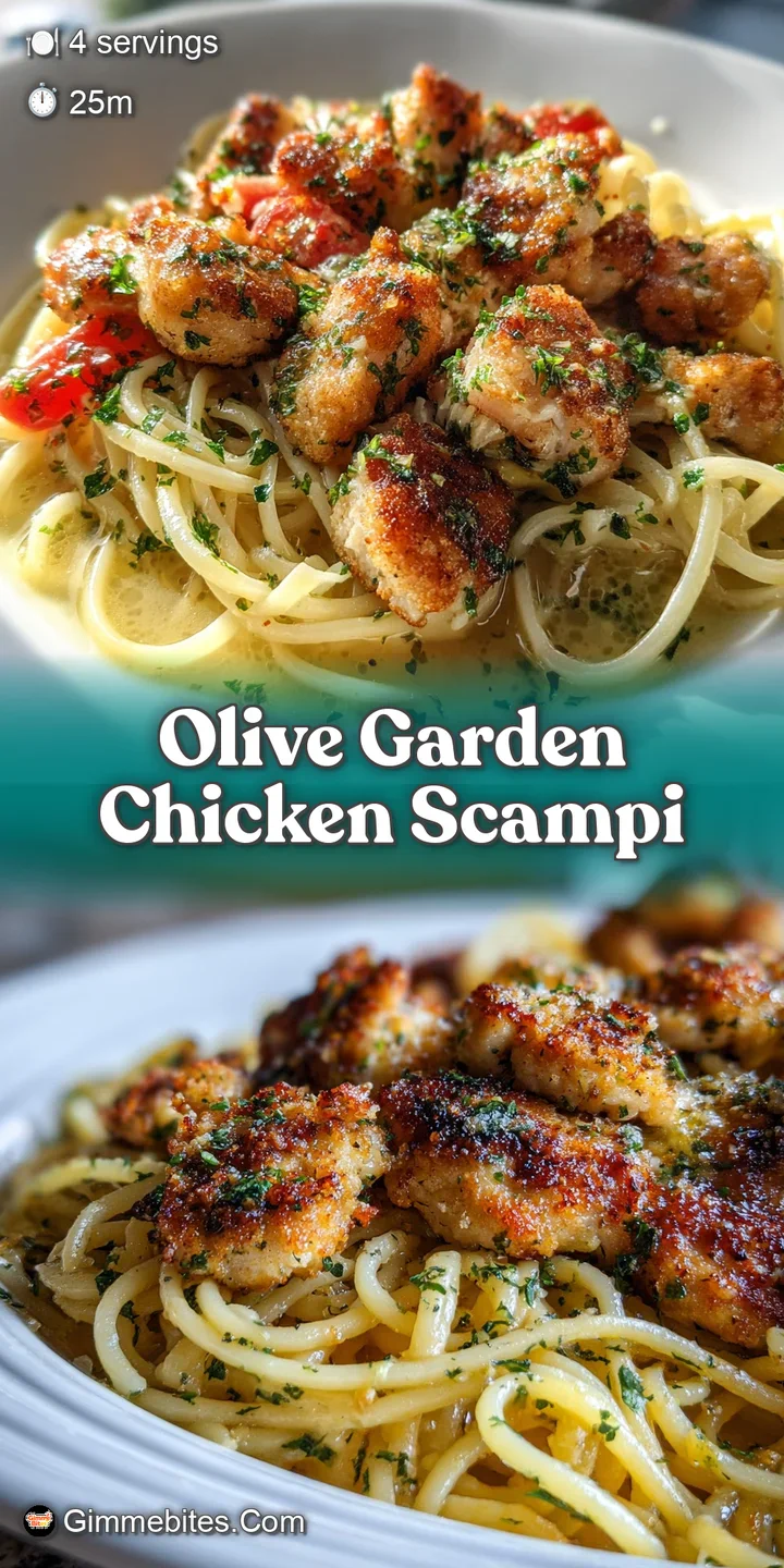 Appetizing close-up of chicken scampi, highlighting the tender chicken and creamy, garlic-infused sauce. Glistening with f...