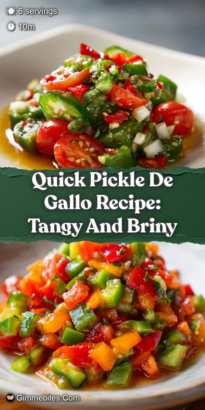 Close-up of glistening pickle de gallo, showcasing the juicy texture of the diced vegetables and vibrant colors of the mar...