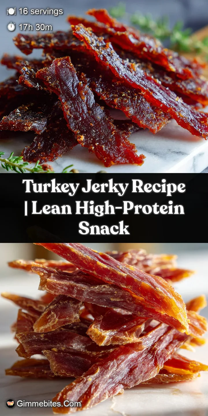 Close-up reveals a glistening, textured surface of deeply colored homemade turkey jerky, emphasizing its chewy, tender app...