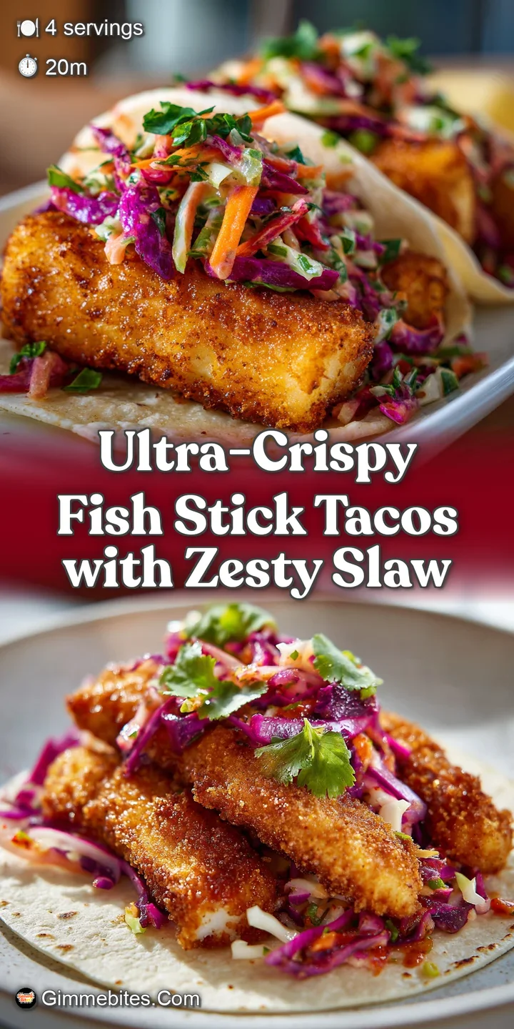 Close-up of a flaky, golden fish stick in a warm tortilla, bursting with fresh, colorful slaw.