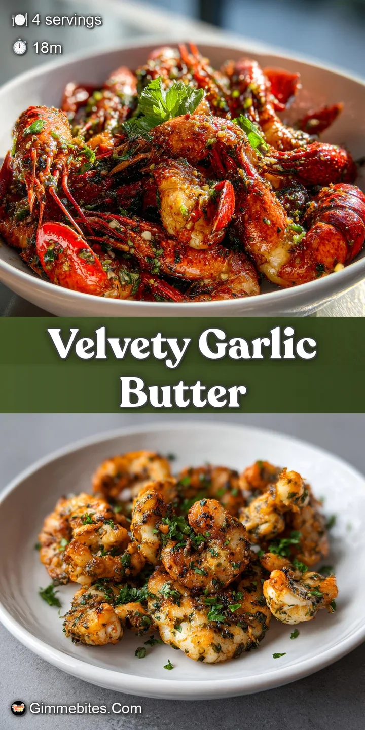 Close-up showcasing plump, juicy crawfish tails bathed in a rich, glossy sauce of garlic and herbs, promising a flavorful ...