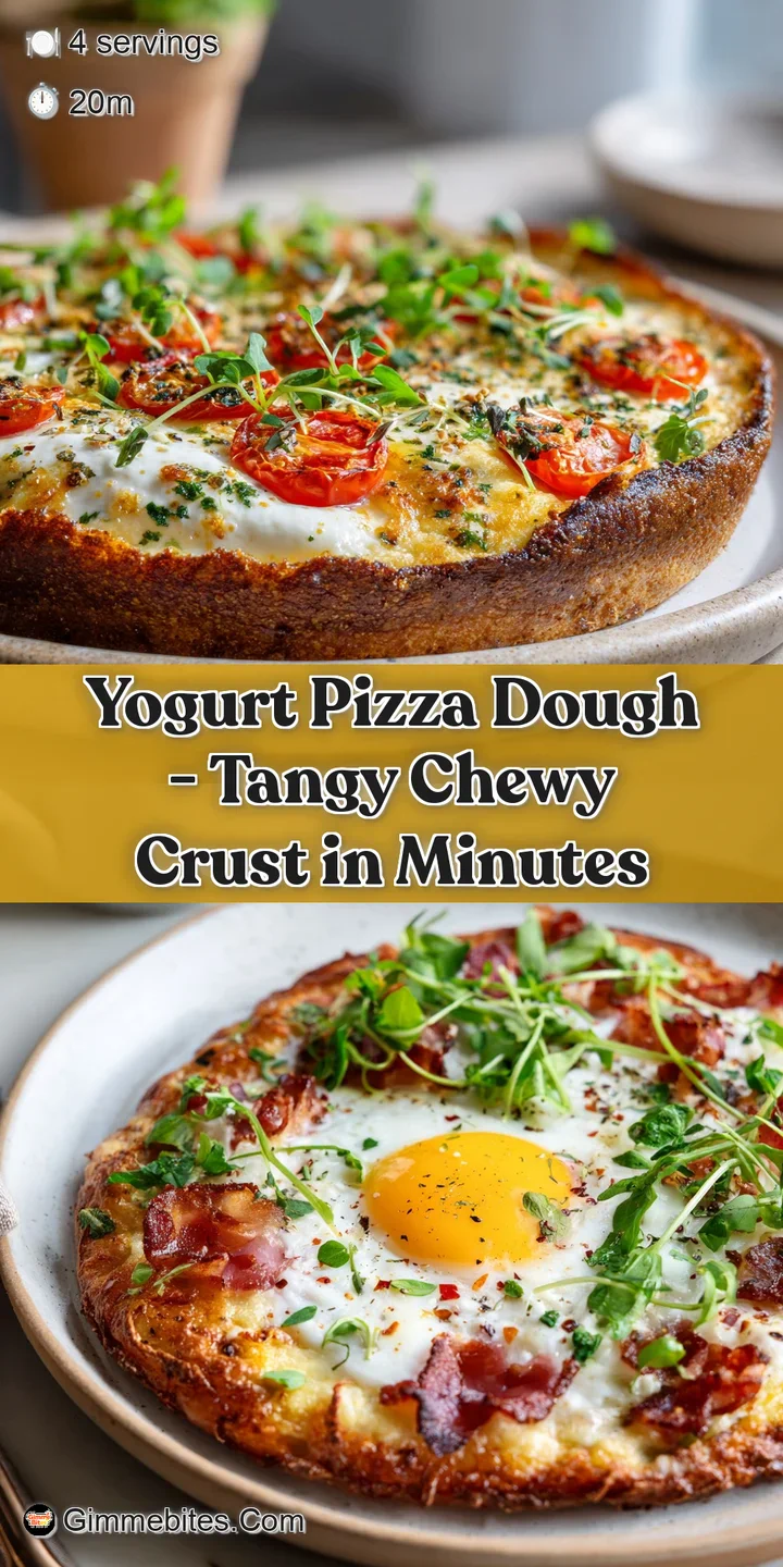 Close-up of pizza crust with pockets of warm yogurt; vibrant red peppers, green herbs, and golden-brown crust highlight te...