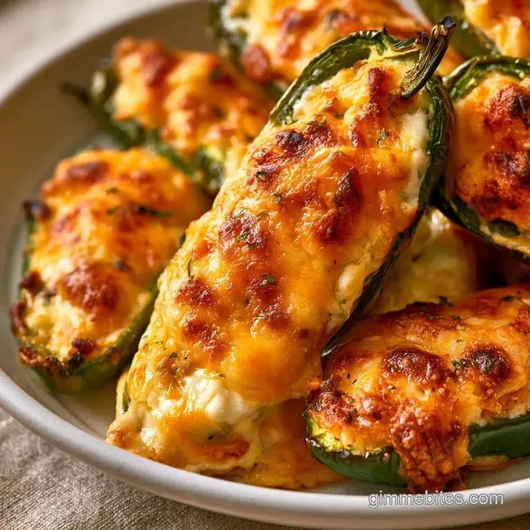 Golden stuffed pepper halves arranged on a rustic wooden board next to a bowl of cool white dipping sauce.