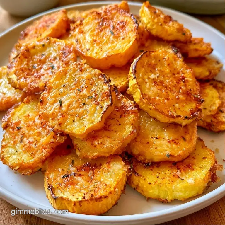 Neatly stacked slices of roasted yellow squash on a white ceramic plate, garnished with a sprig of fresh parsley.