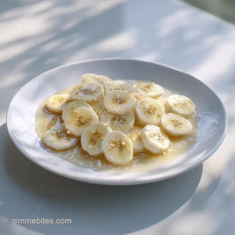 Banana syrup drizzles artistically over golden waffles, creating an appealing contrast of textures & warm, inviting hues.