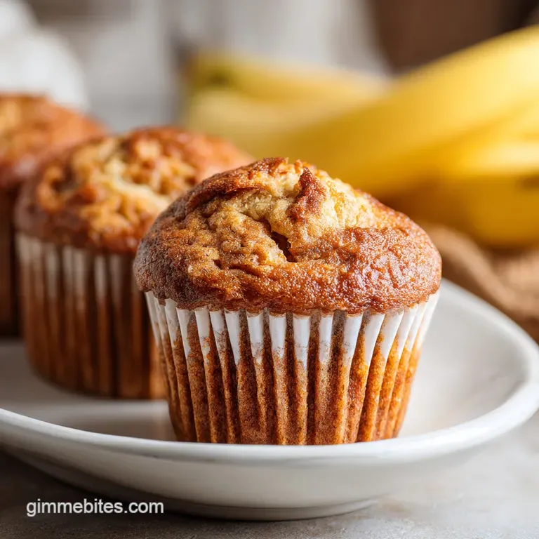 A trio of moist banana yogurt muffins artfully plated with a swirl of yogurt and fresh berry garnish.