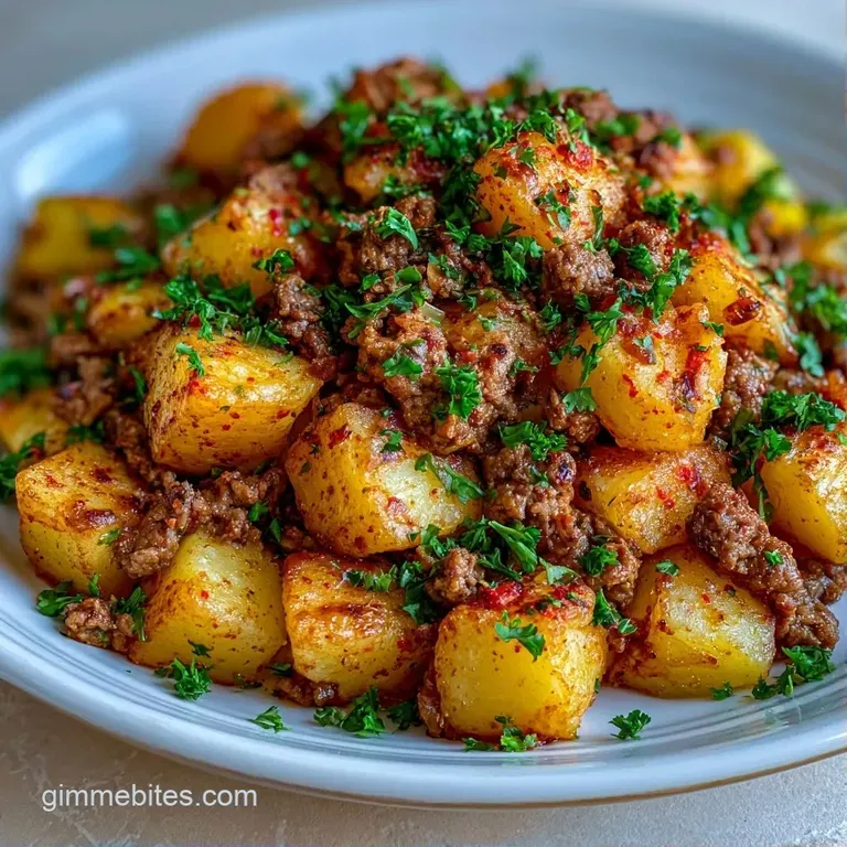 Tender braised meat and soft potatoes plated elegantly, topped with fresh parsley and a glistening brown sauce.