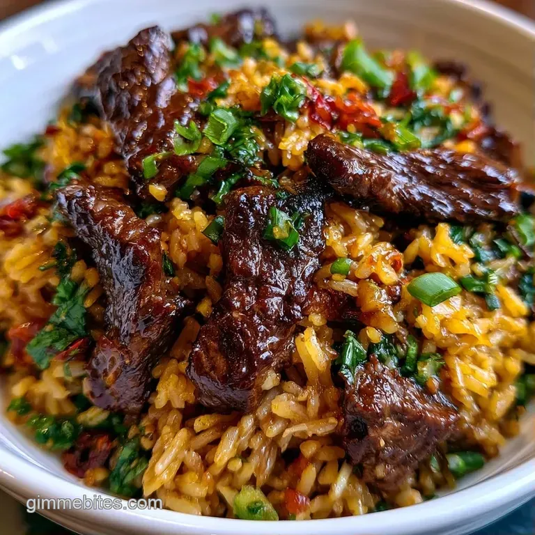 A steaming heap of glistening golden rice and seared beef strips garnished with sliced green onions on a white plate.