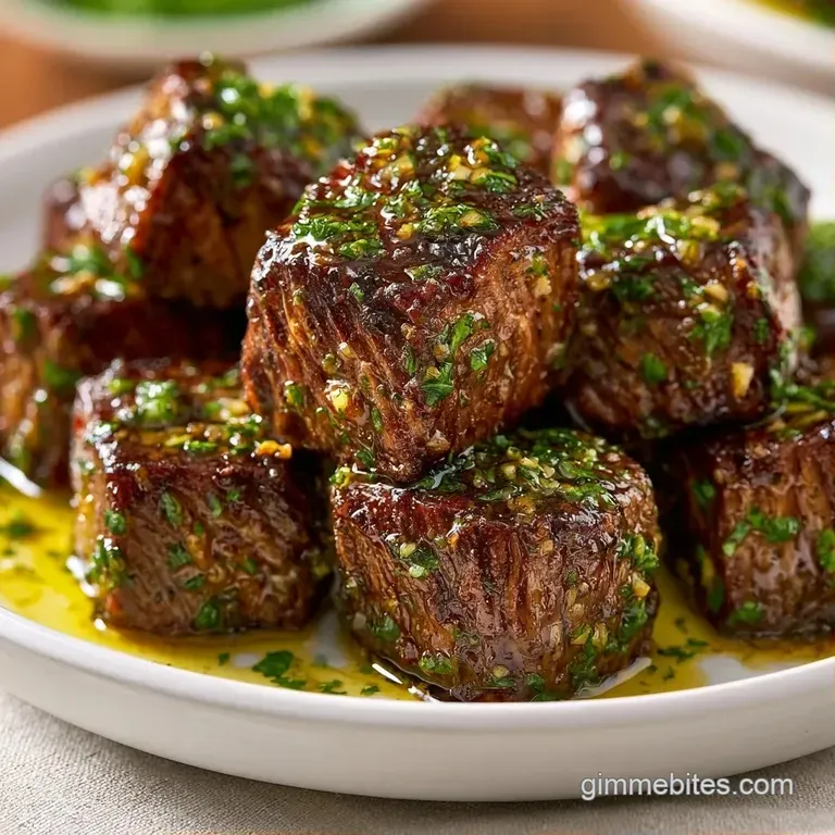 Tender beef strips arranged on a white porcelain plate, topped with toasted garlic and a sprinkle of fresh parsley.