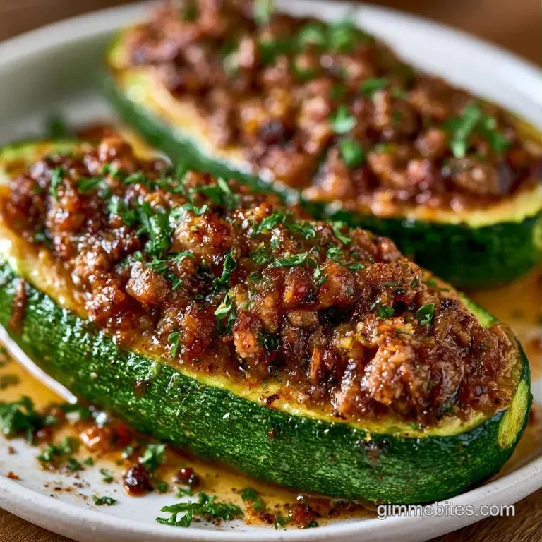 Two hollowed green squash shells filled with savory meat and bubbly gold cheese, served on a ceramic plate.