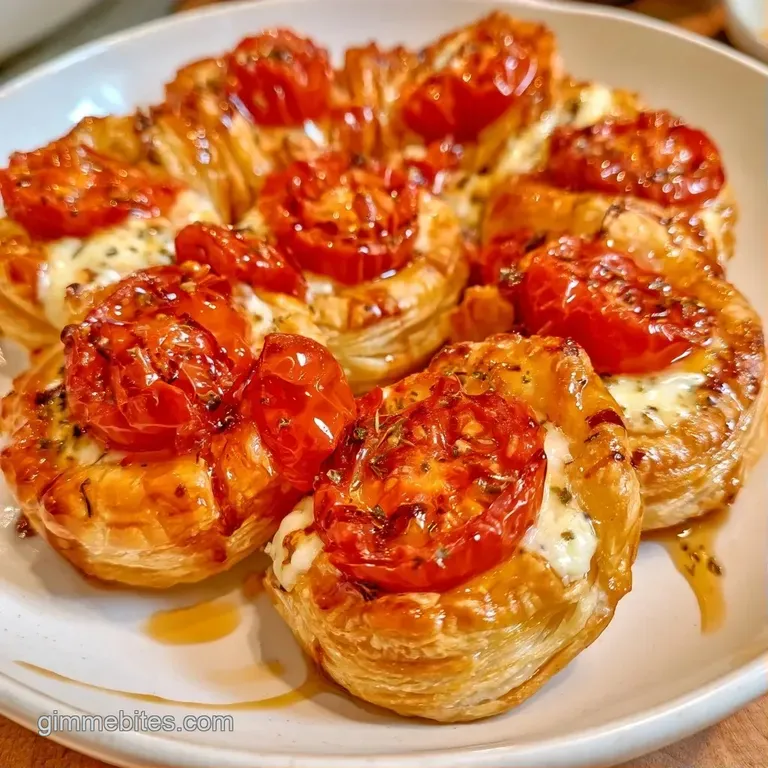 Miniature buttery pastry squares topped with creamy white cheese, arranged neatly on a slate board with herbs.