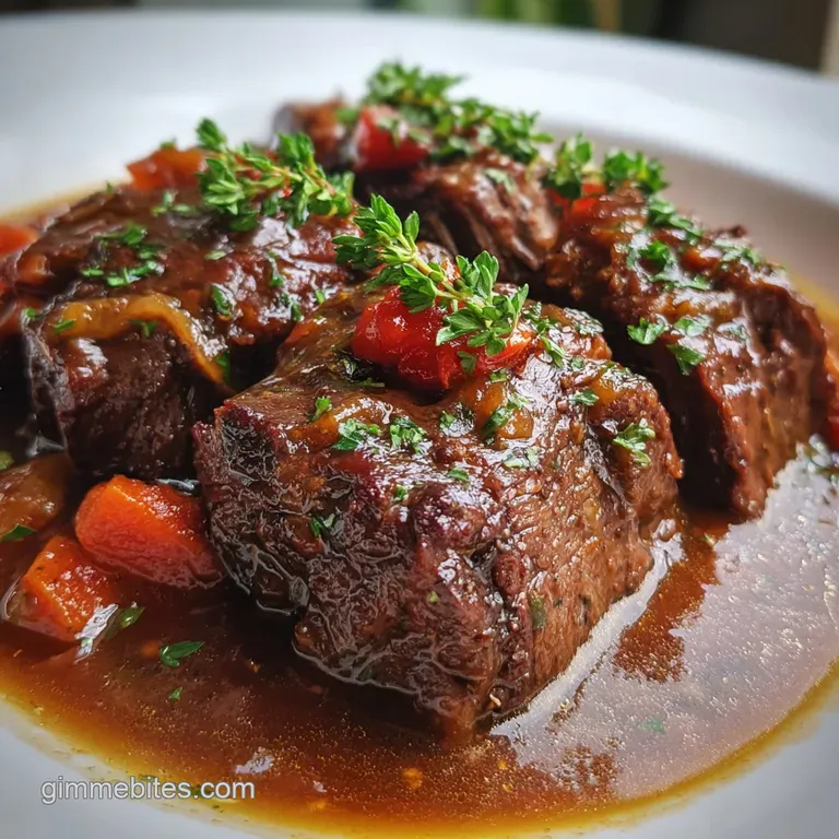 Slices of tender, juicy roast arranged on a plate. Hints of herbs and rich sauce. Garnished for an upscale dining experience.