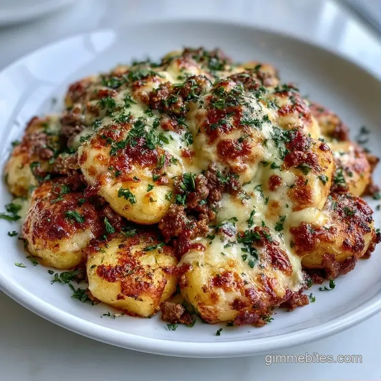 Savory beef and golden potato cubes topped with melted cheese and fresh parsley on a clean matte ceramic plate.