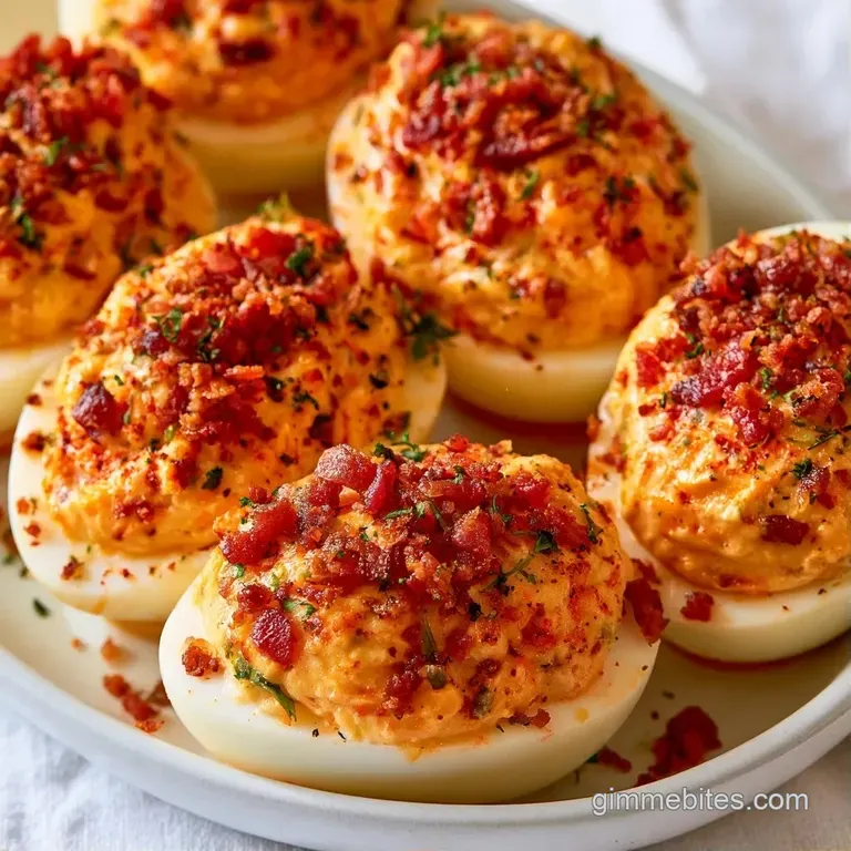 Platter of halved hard-boiled eggs filled with zesty yellow cream, garnished with shredded cheddar and fresh chives.