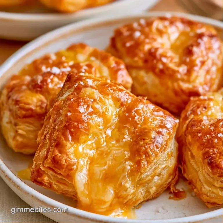 Small squares of flaky, golden pastry topped with toasted cheese arranged neatly on a white ceramic platter.