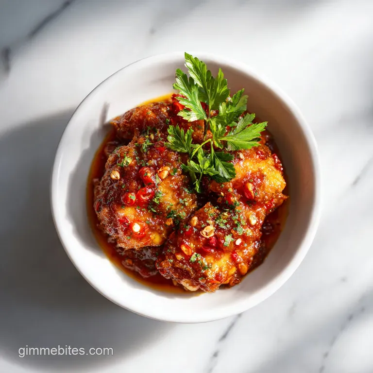 A single serving of saucy chicken, glistening with a deep red hue, artfully plated with a sprig of fresh parsley on top.