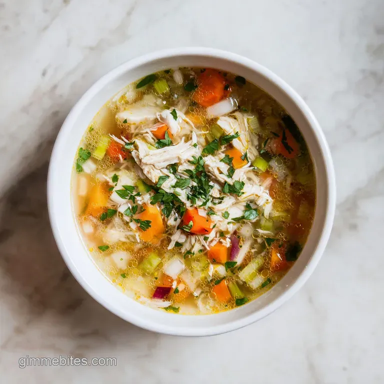 A spoonful of golden chicken broth, stars, shredded chicken and vibrant sliced carrots in a rustic ceramic soup bowl.