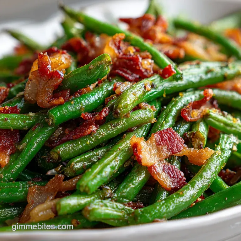 Plated bright green beans glistening with oil and spices, garnished with toasted almonds and flaky sea salt.