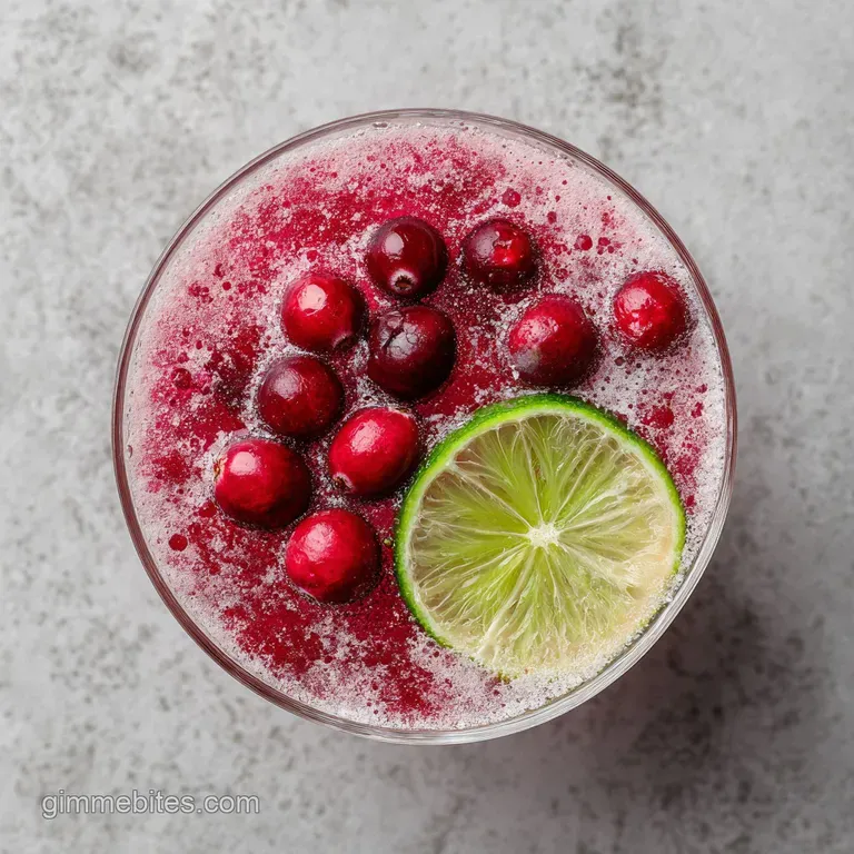Elegant cranberry martini in a stemmed glass. Frosty condensation. Garnished with sugared cranberries and a bright green l...