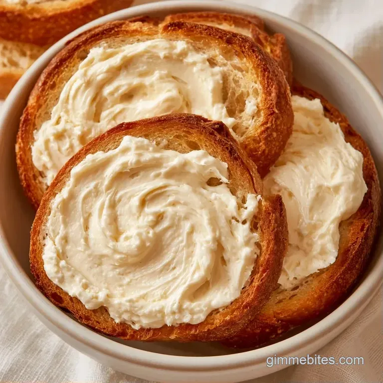 A curated platter of toasted baguette slices topped with smooth white cream and a sprinkle of green herbs.