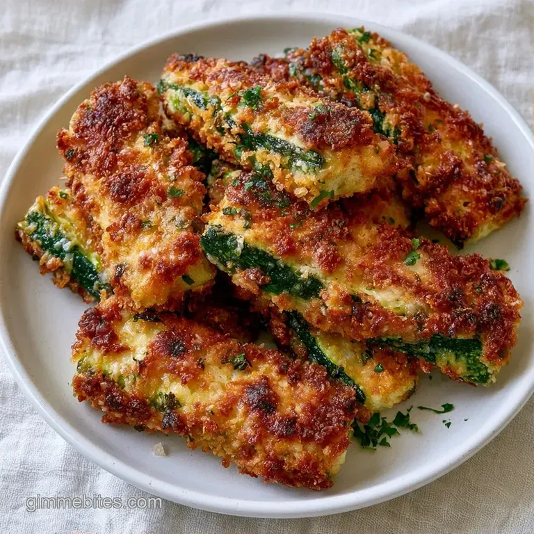 A neat stack of breaded vegetable strips on a white ceramic plate beside a small bowl of zesty aioli and herbs.