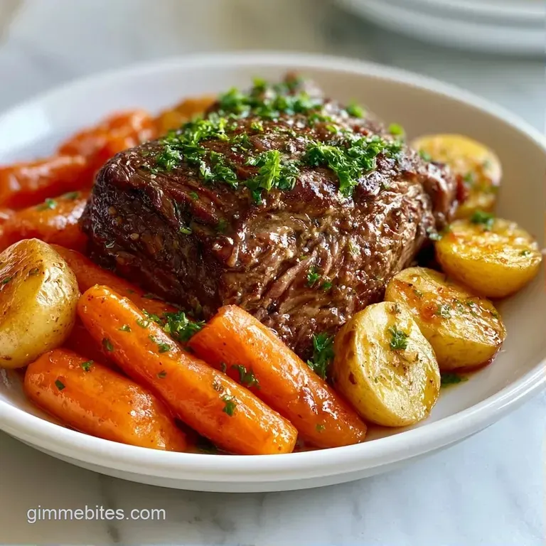 Slices of juicy brown beef and glazed orange carrots neatly arranged on a white plate with a sprig of parsley.