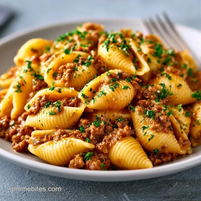Savory browned beef crumbles piled high on a white ceramic plate, garnished with fresh green parsley sprigs.