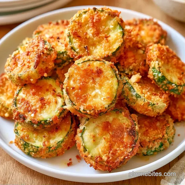 A minimalist arrangement of golden breaded zucchini rounds on a white ceramic plate with a dollop of creamy dip.
