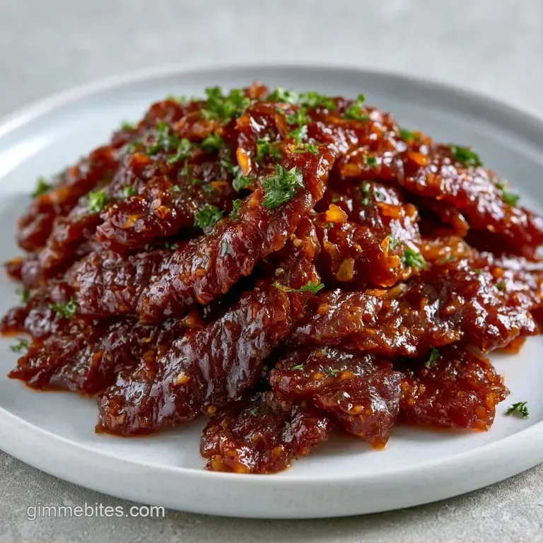 Glazed beef strips with bright green scallions on a white ceramic plate next to a neat mound of steamed white rice.