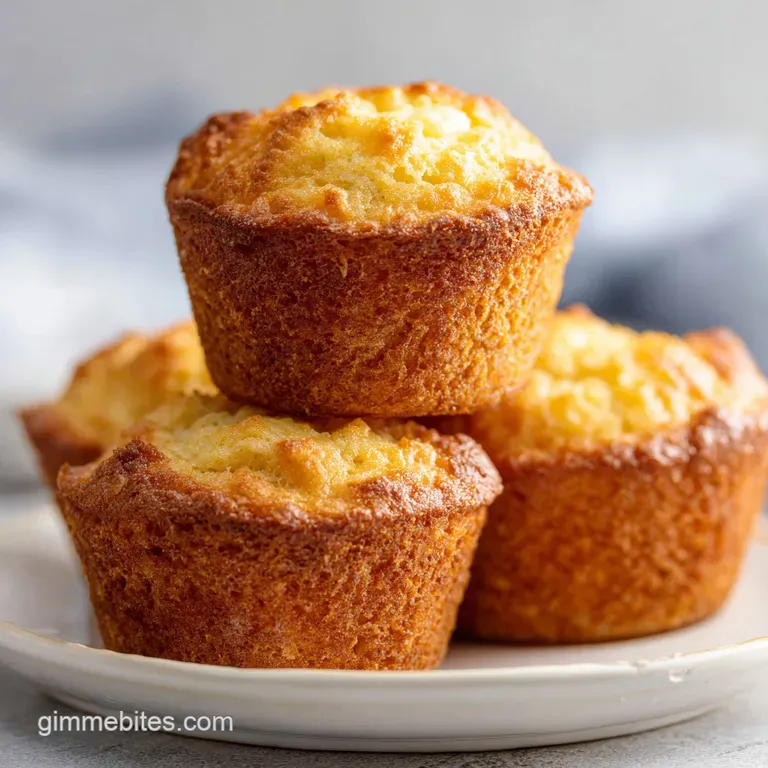 A stack of golden-brown muffins on a white ceramic plate, dusted with powdered sugar and fresh berries.