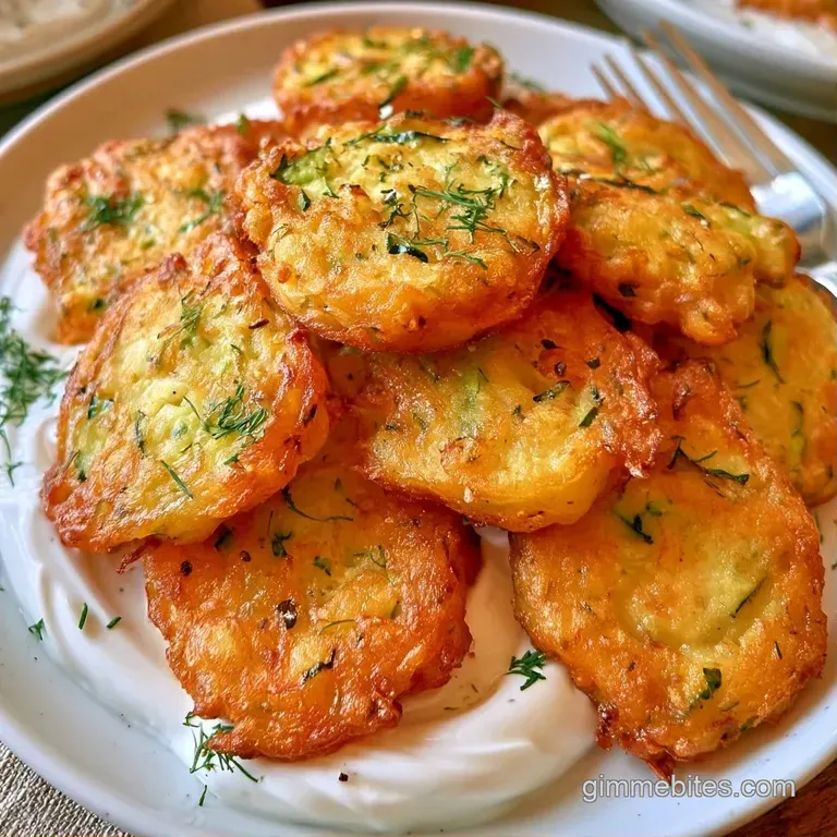 Three golden patties stacked on a ceramic plate with a side of creamy dip and a sprig of fresh green parsley.