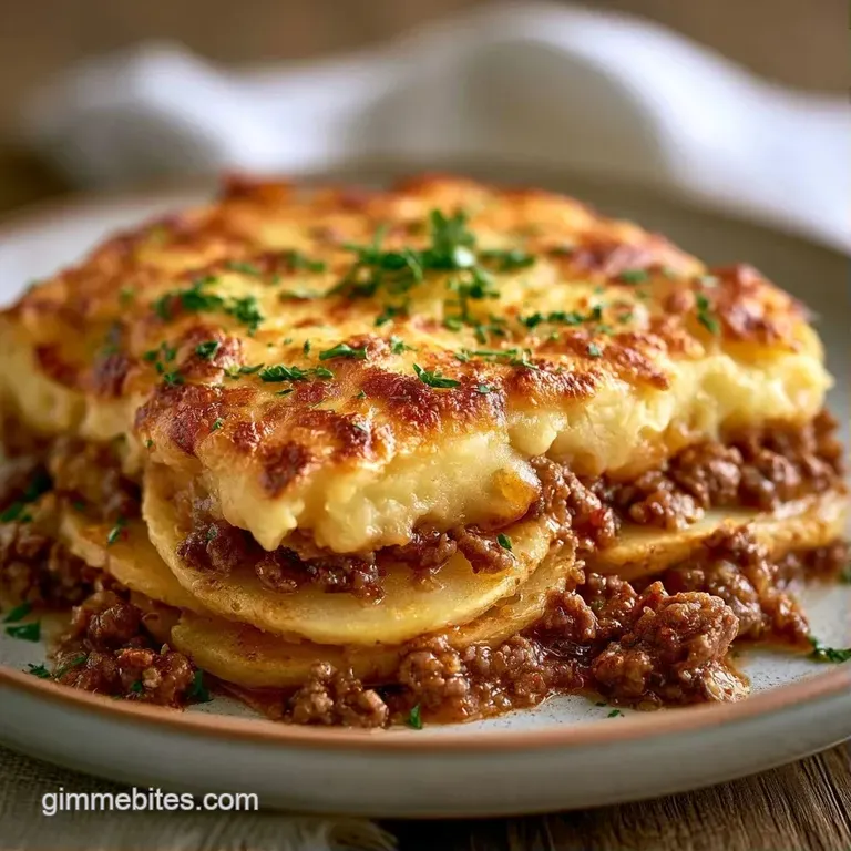A square slice of layered beef and potato casserole on a white plate, topped with toasted cheese and herbs.