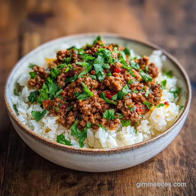 A rustic cast iron pan filled with seared beef cubes and glistening rice, garnished with sliced spring onions.