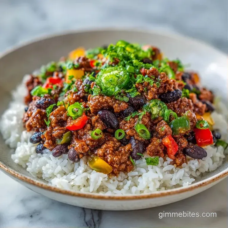 Colorful bowl of seasoned beef and corn topped with creamy avocado slices, white crema, and fresh green cilantro.