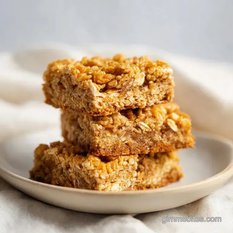 Neatly stacked oat bars on a white ceramic plate, garnished with a swirl of honey and a few fresh blueberries.