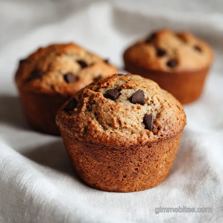 Three perfectly baked muffins stacked elegantly, showcasing their fluffy texture and rich chocolate chip studded interior.