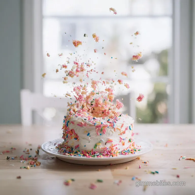 Small, neatly frosted smash cake on a white plate. Crumbs and a few colorful sprinkles around add charm and suggest delici...