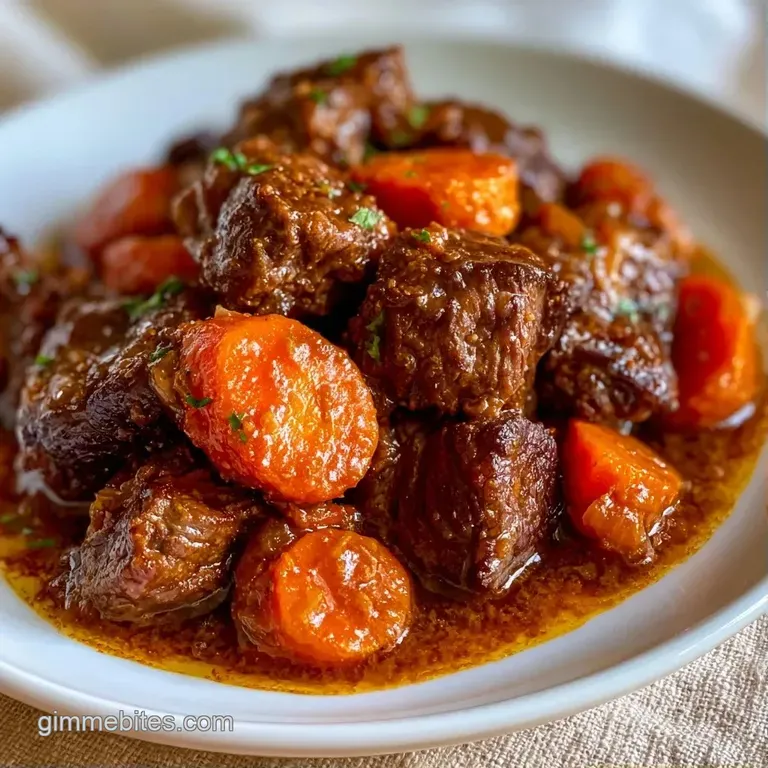 A portion of tender beef and root vegetables served in a white ceramic bowl, garnished with fresh chopped parsley.
