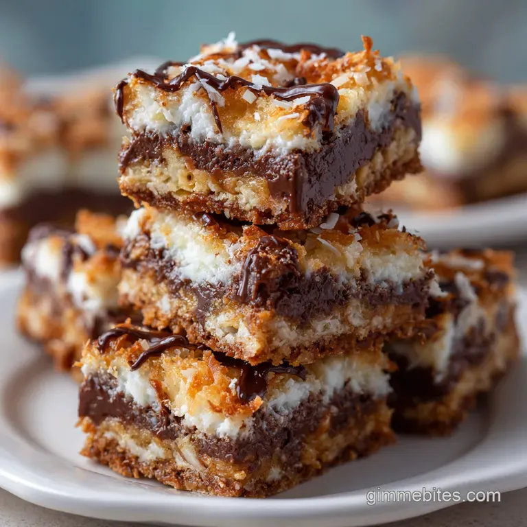 Stacked Hello Dolly bars, showing the distinct layers of chocolate, coconut, and nuts, dusted with powdered sugar on a whi...