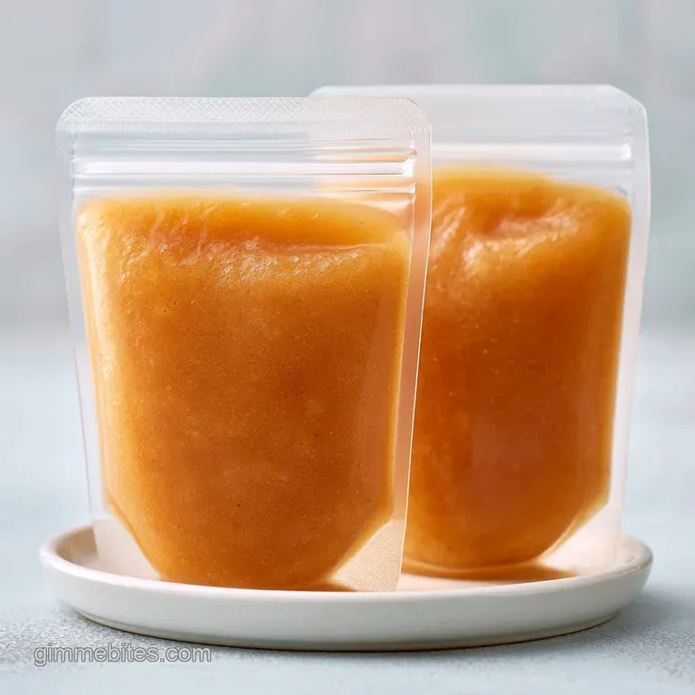 Creamy pale yellow puree poured into small clear pouches next to crisp, fresh apple slices on a white linen cloth.