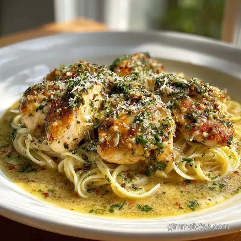 Elegant plate of glistening chicken scampi. Bright green herbs accent the creamy sauce over perfectly cooked linguine. Fre...