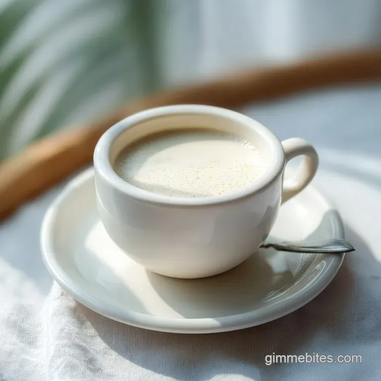 A tall glass of frothy white vanilla milk, artfully drizzled with golden maple syrup.